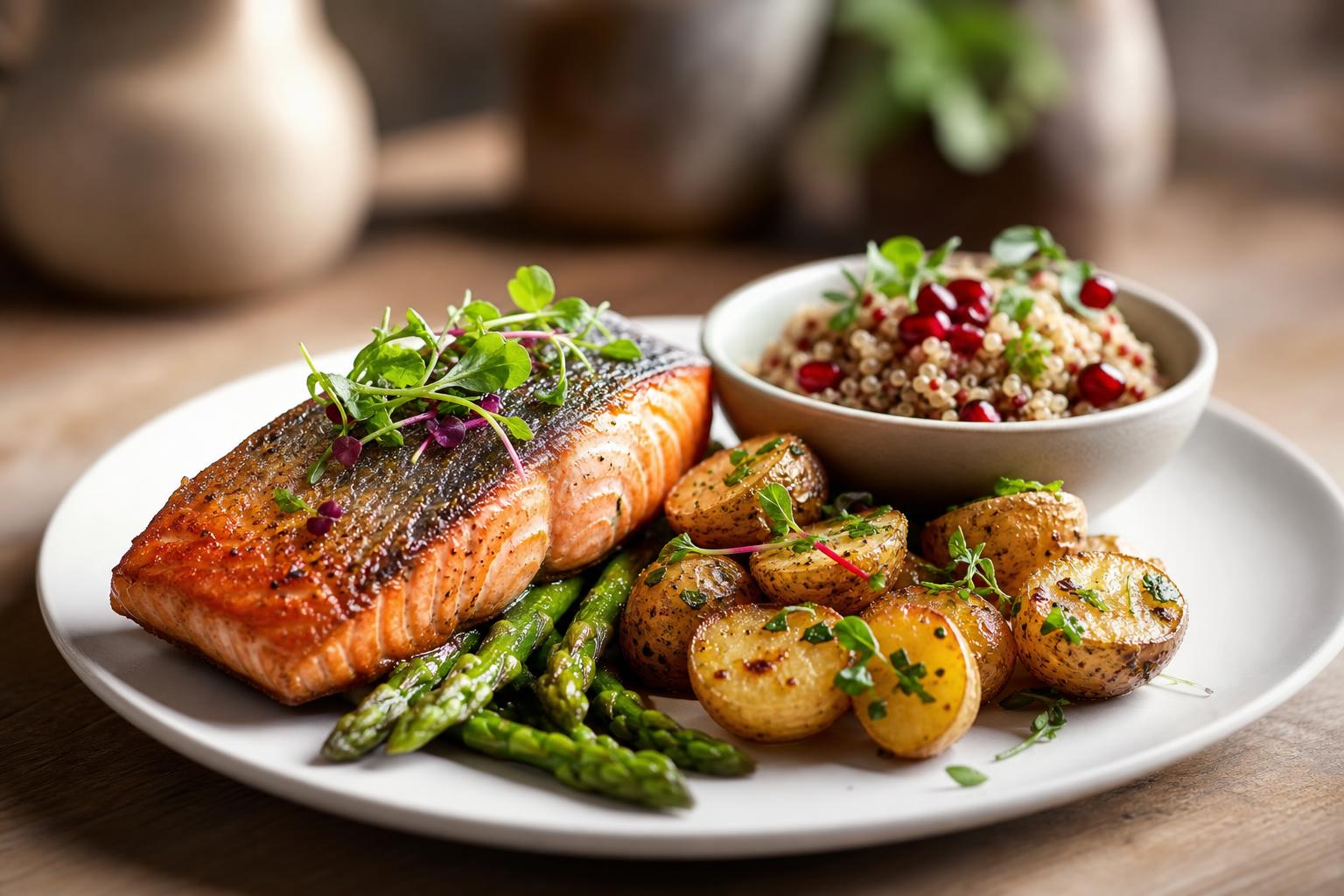 CookUnity benefits meal -- salmon with potaotes, asparagus, and quinoa salad
